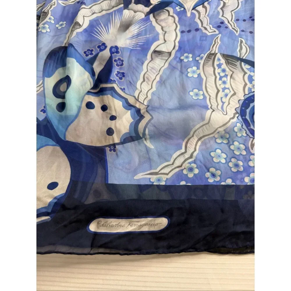Salvatore Ferragamo Blue Butterfly Floral Silk Chiffon Scarf Italy Large